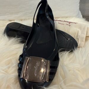 Salvatore Ferragamo Black Flats with Silver Buckle